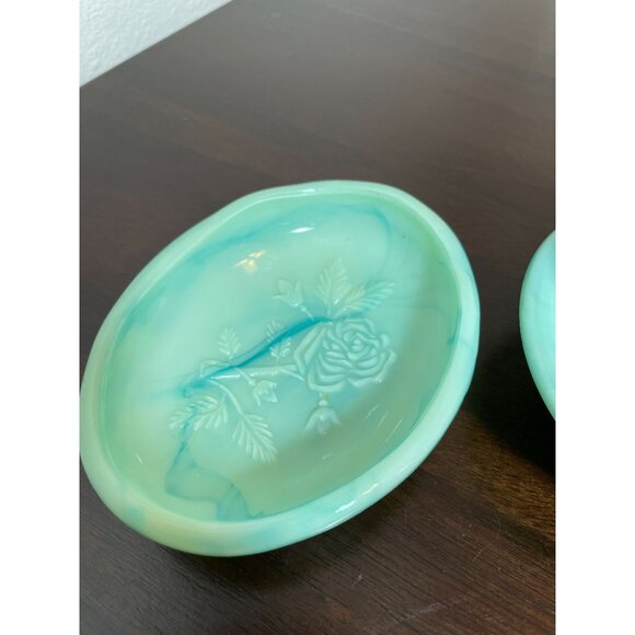 Avon Vintage Green Milk Glass Miniature Wash Basin & Pitcher Set With Matching S - Picture 6 of 6